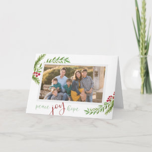 Peace Joy Hope Watercolor Pine Photo Christmas Holiday Card