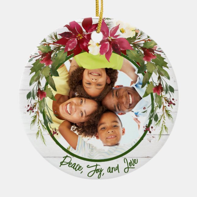 Peace Joy Love 2 Side 2 Photo Poinsettia Christmas Ceramic Tree Decoration (Front)