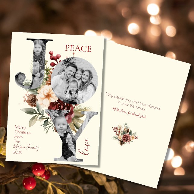 Peace Joy Love Beige Floral Christmas Photo Holiday Card (Photocard)