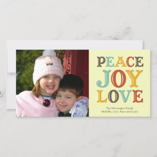 PEACE JOY LOVE block letter holiday photo greeting Card
