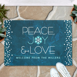 Peace Joy Love Blue Holiday Bold Modern Snowflake Doormat