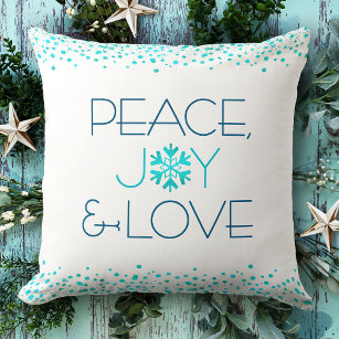 Peace Joy Love Bold Modern Snowflake Typography Cushion