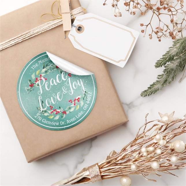 Peace Joy & Love Christmas Happy New Year Address Classic Round Sticker (Creator Uploaded)