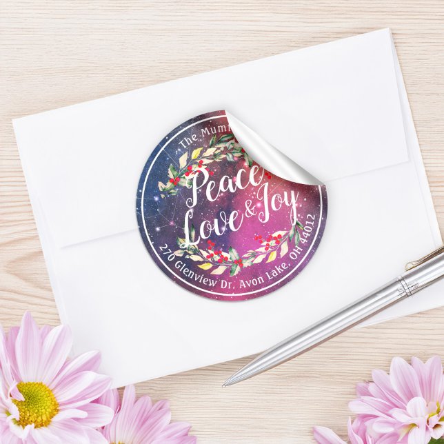 Peace Joy & Love Christmas Happy New Year Address Classic Round Sticker (Creator Uploaded)