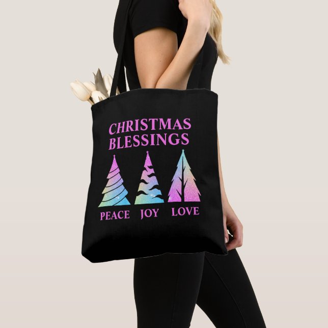 Peace Joy Love Christmas Trees Customisable Text Tote Bag (Close Up)