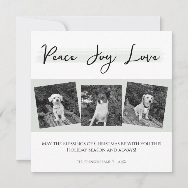 Peace Joy Love Elegant Black White Christmas Photo Holiday Card (Front)