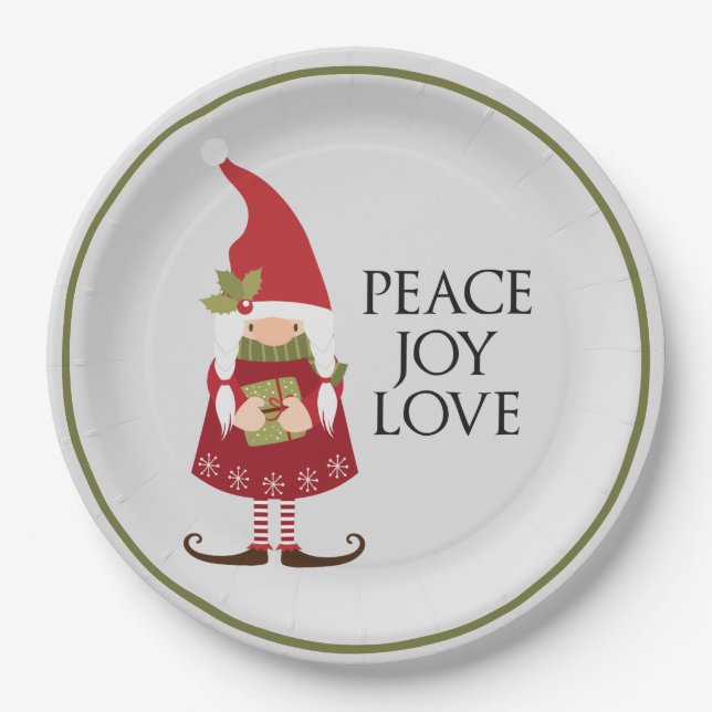 Peace Joy Love Girl Gnome Holiday Paper Plate (Front)