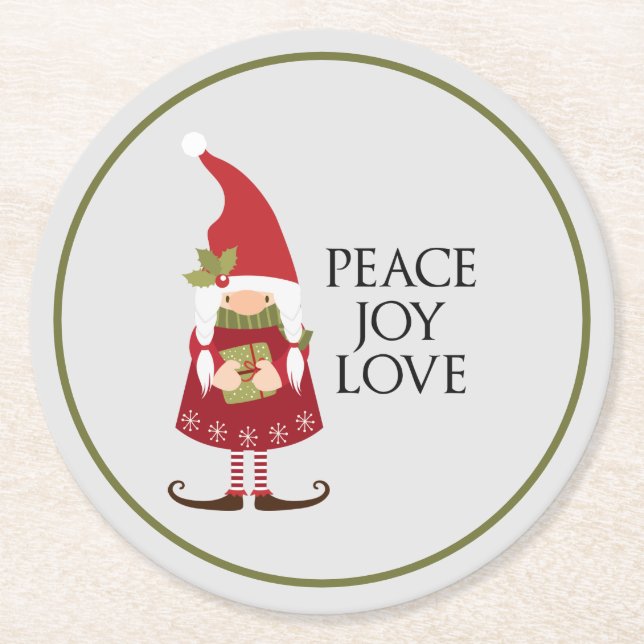 Peace Joy Love Girl Gnome Holiday Round Paper Coaster (Front)