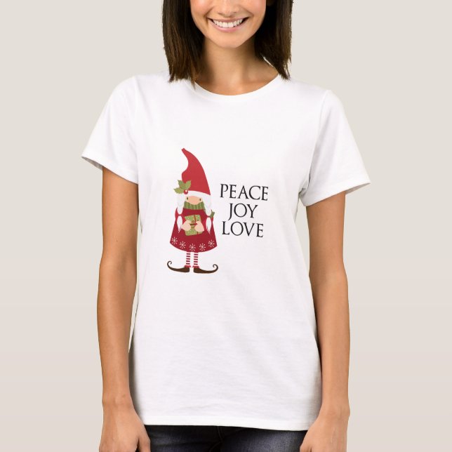 Peace Joy Love Girl Gnome Holiday T-Shirt (Front)