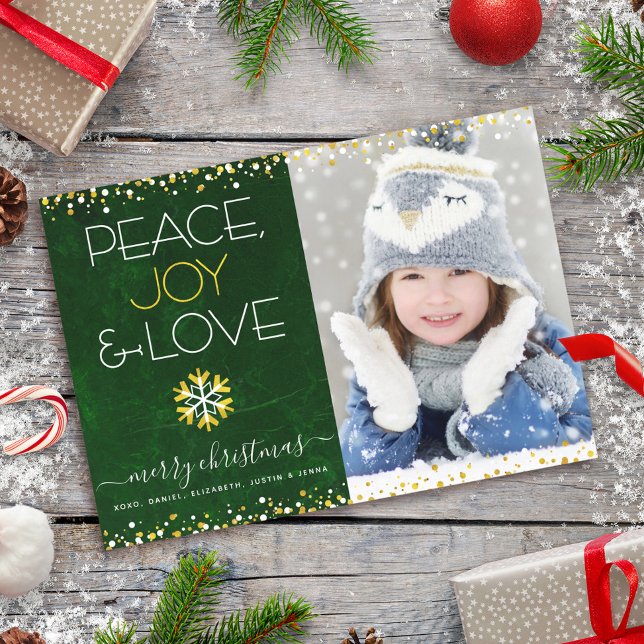 Peace Joy Love Green Photo Christmas Snowflakes Holiday Card (Creator Uploaded)