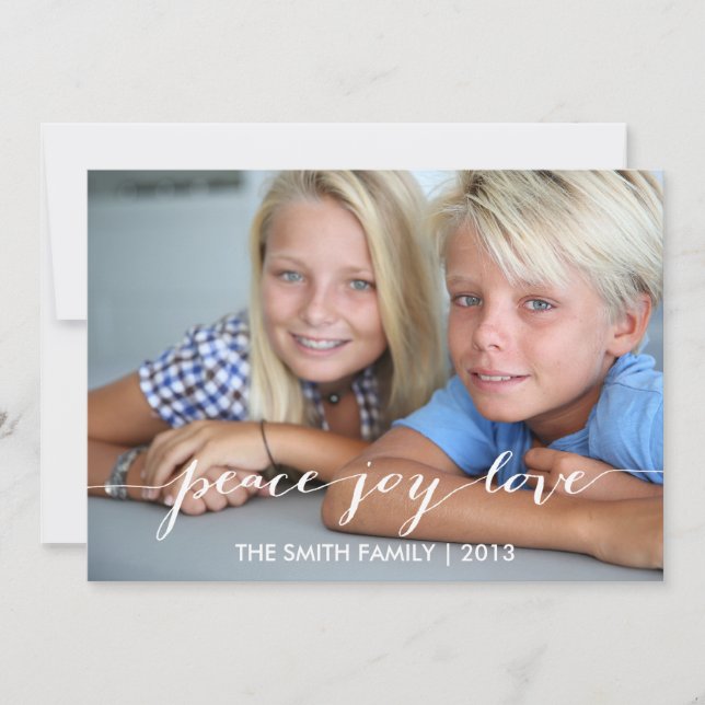 Peace, Joy, Love Holiday Photo Card | Blue (Front)