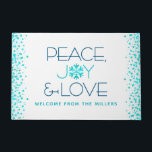 Peace Joy Love Holiday Turquoise Snowflake Name Doormat<br><div class="desc">“Peace, joy & love.” A fun, playful, turquoise snowflake illustration and modern, sans serif typography on a clean, white background help you usher in the holiday season. Turquoise blue confetti dots on the sides complete the look. Enhance your entryway with this stylish and unique custom personalised name Christmas or Hanukkah...</div>