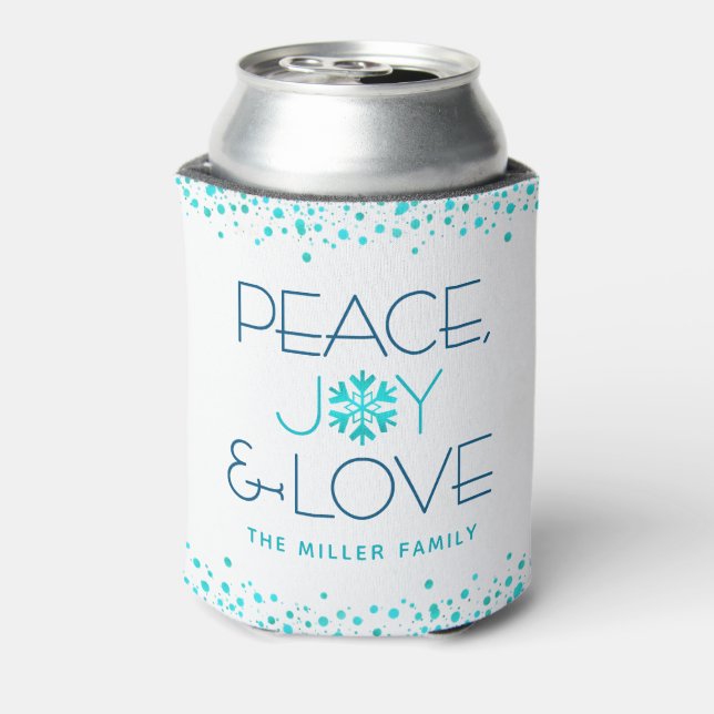 Peace Joy Love Holiday White Blue Snowflake Name Can Cooler (Can Back)