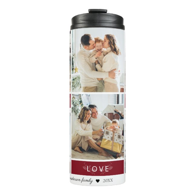 Peace Joy Love Maroon Photo Collage Script Holiday Thermal Tumbler (Front)