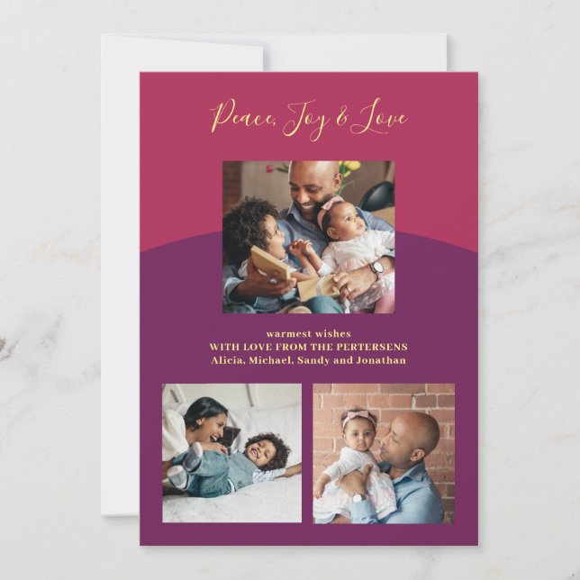 Peace joy love modern simple family photo collage holiday card (Front)
