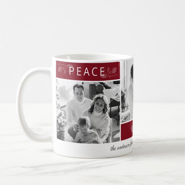 Peace Joy Love Photo Collage Script Maroon Holiday Coffee Mug (Left)