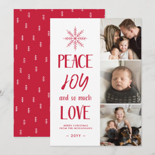 Peace, Joy, Love   Red   3 Photo Collage Christmas Holiday Card