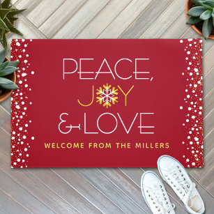 Peace Joy Love Red Christmas Bold Modern Snowflake Doormat