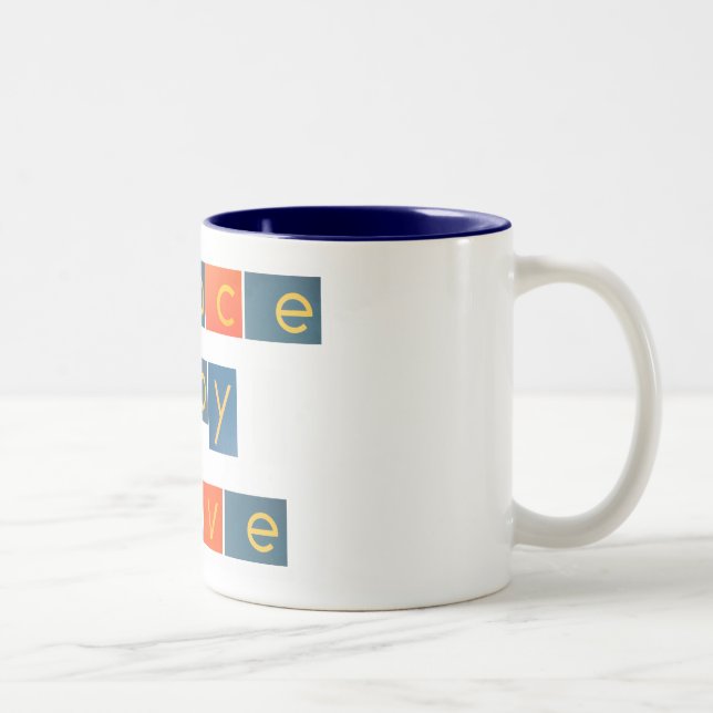 PEACE JOY LOVE Sandpaper Letters Two-Tone Coffee Mug (Right)