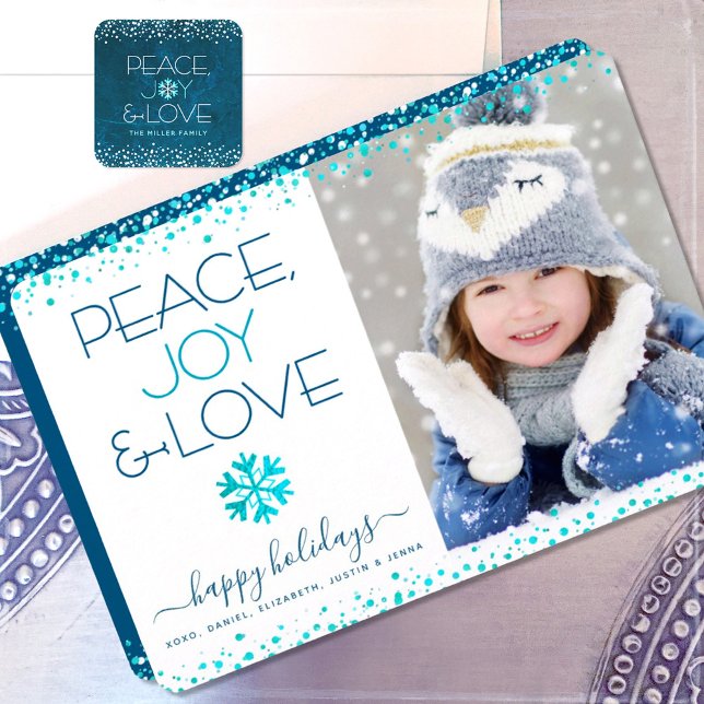 Peace Joy Love Script Chic Modern Snowflake Photo  Holiday Card (Creator Uploaded)