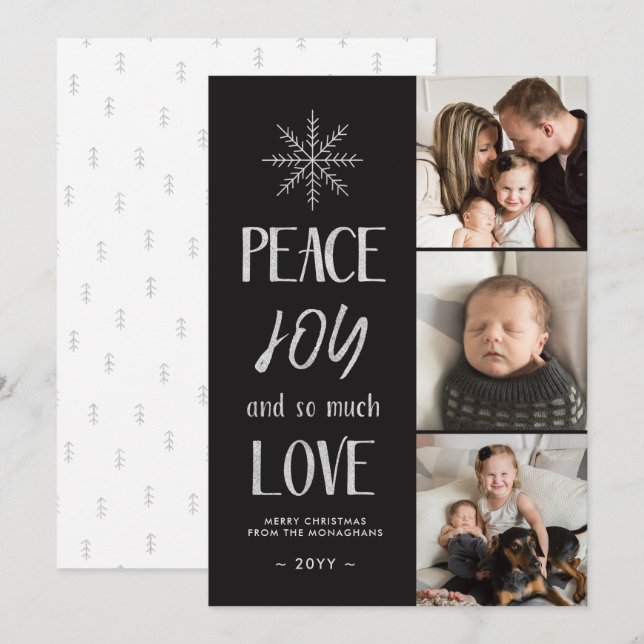 Peace, Joy, Love | Silver Black | 3 Photo Holiday Card (Front/Back)
