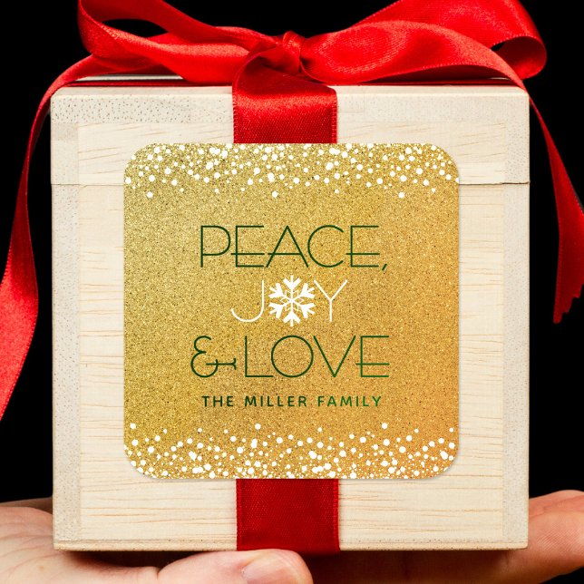 Peace Joy Love Snowflake Typography Gold Holiday Square Sticker (Creator Uploaded)