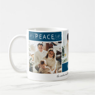 Peace Joy Love Teal 3 Photo Collage Script Holiday Coffee Mug