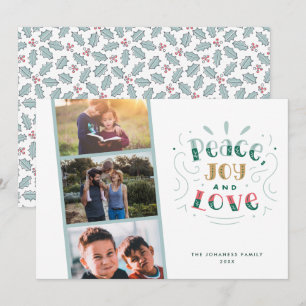 Peace Joy Love Three Photo Family Christmas Holiday Card