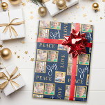 Peace Joy Love Typography | 4 Photo Blue Christmas Wrapping Paper<br><div class="desc">Add a personal touch to your gift giving with this photo Christmas gift wrapping. The design offers 4 square photo frame and the text: Peace Joy Love. The colours are: dark navy blue and gold.</div>