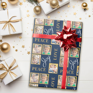 Peace Joy Love Typography   4 Photo Blue Christmas Wrapping Paper