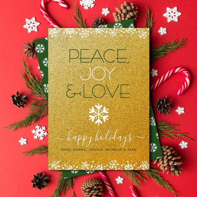 Peace Joy Love Typography Snowflake Gold Glitter Holiday Card (Creator Uploaded)