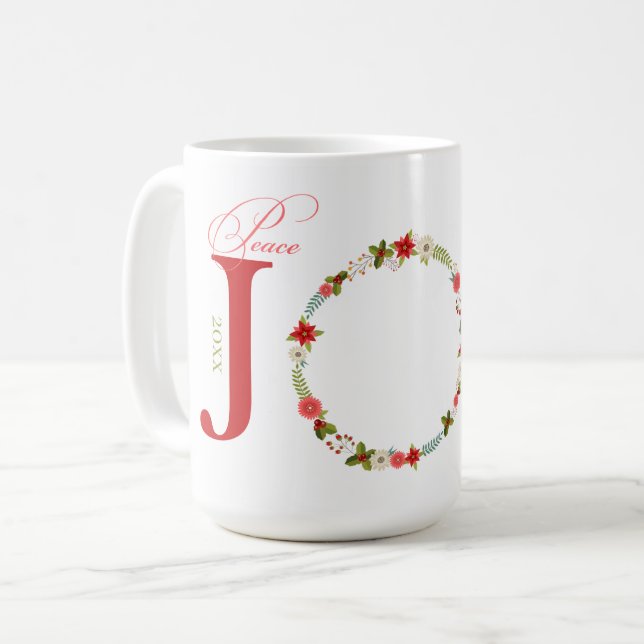 Peace Joy Love Wreath Christmas Coffee Mug (Front Left)