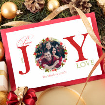 Peace Joy Love Wreath Christmas Photo Card