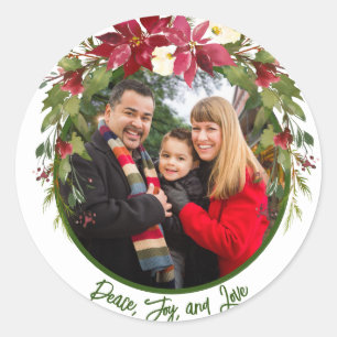 Peace Joy LovePhoto Poinsettia Christmas Classic Round Sticker
