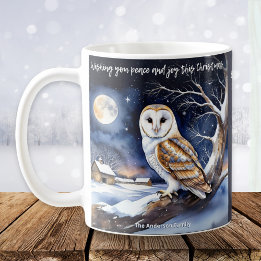 Peace Joy Merry Christmas Snow Watercolor Barn Owl Coffee Mug