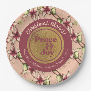 Peace & Joy, Pink Burgundy Gold Christmas Paper Plate