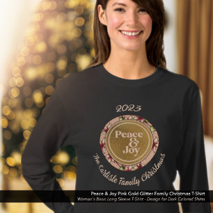 Peace & Joy Pink Gold Glitter Family Christmas T-Shirt