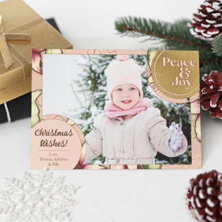 Peace & Joy, Pink, Gold Poinsettia Photo Holiday Card