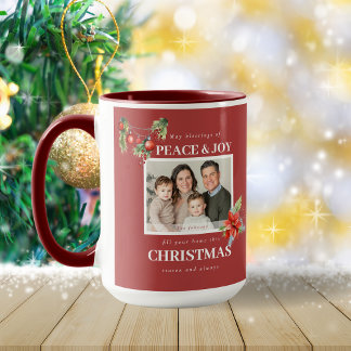 Peace Joy Red Poinsettia Family Photo Christmas Mug