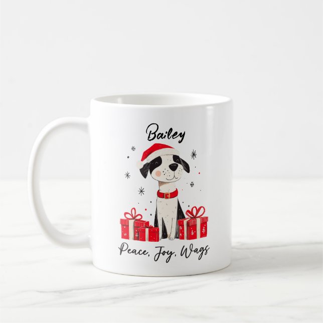 Peace Joy Wags Custom Pet Name Christmas Dog Coffee Mug (Left)