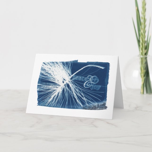 Peace & Joy White Pine Cyanotype Blank Holiday Card (Front)
