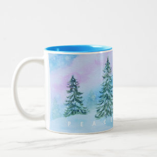 Peace Joy Winter Trees Silent Snowy Night Two-Tone Coffee Mug