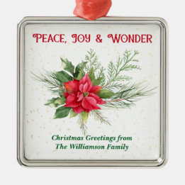 Peace Joy & Wonder Red Poinsettia Christmas Metal Tree Decoration