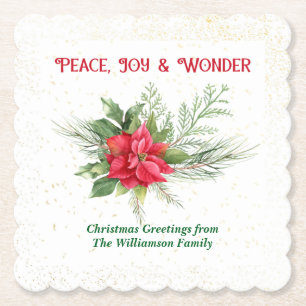 Peace Joy & Wonder Red Poinsettia Christmas Paper Coaster