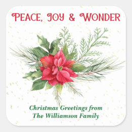Peace Joy & Wonder Red Poinsettia Christmas Square Sticker