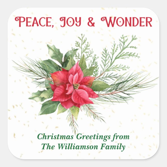 Peace Joy & Wonder Red Poinsettia Christmas Square Sticker (Front)