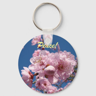 Peace! keychain gifts Blue Sky Pink Tree Blossoms