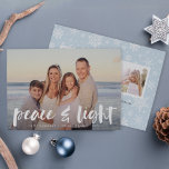Peace & Light | Hanukkah Photo Card<br><div class="desc">Modern Hanukkah photo cards feature your favourite horizontal or portrait orientated image with "peace and light" overlaid in white hand lettered brush typography. Add your names and the year beneath,  and customise the snowflake patterned back with three additional photos and a personal message.</div>