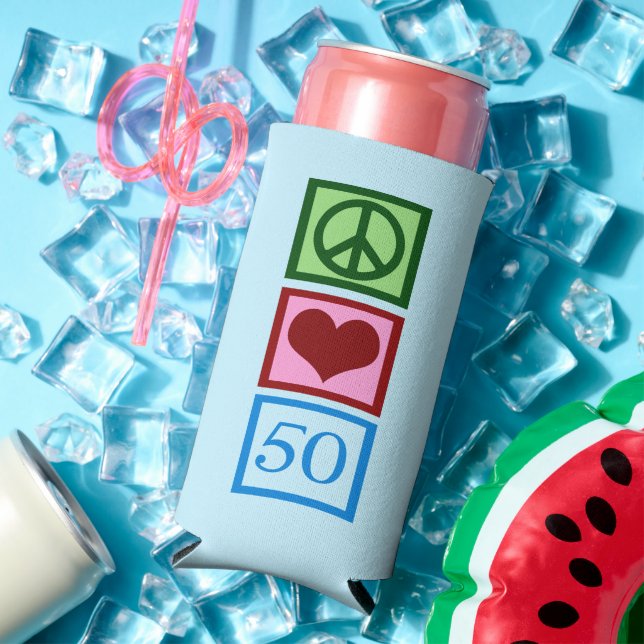 Peace Love 50 Cute Blue 50th Birthday Party Seltzer Can Cooler (In Situ Summer)