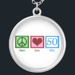 Peace Love 50th Birthday Cute Party Silver Plated Necklace<br><div class="desc">A peace sign,  heart,  and the number fifty. A great fiftieth birthday gift.</div>